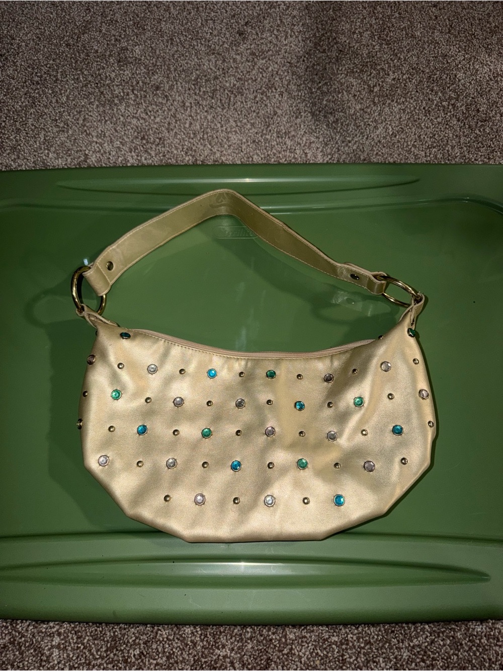 Gold Studded Shoulder Bag with Gem Accents